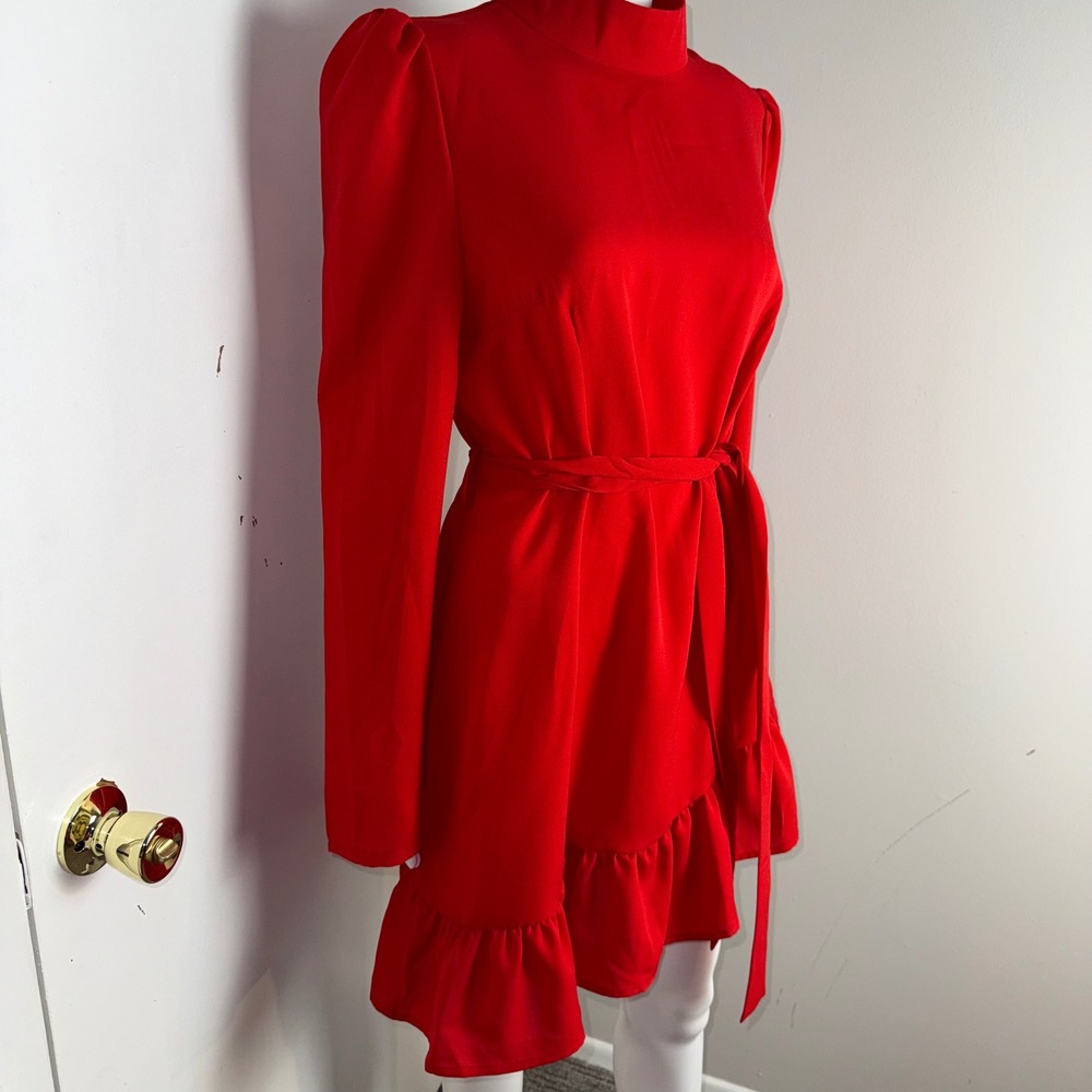 Red Mock Neck Long Sleeve Ruffle Hem Tie Waist Mini Dress Puff Shoulder Size M‎ - Picture 11 of 14